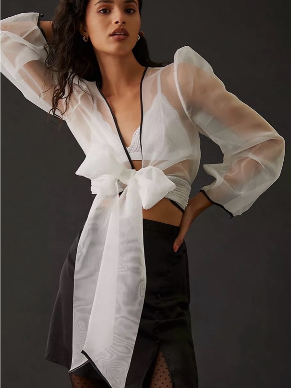 Maeve Anthropologie Sheer White Organza Tie-Front Crop Top